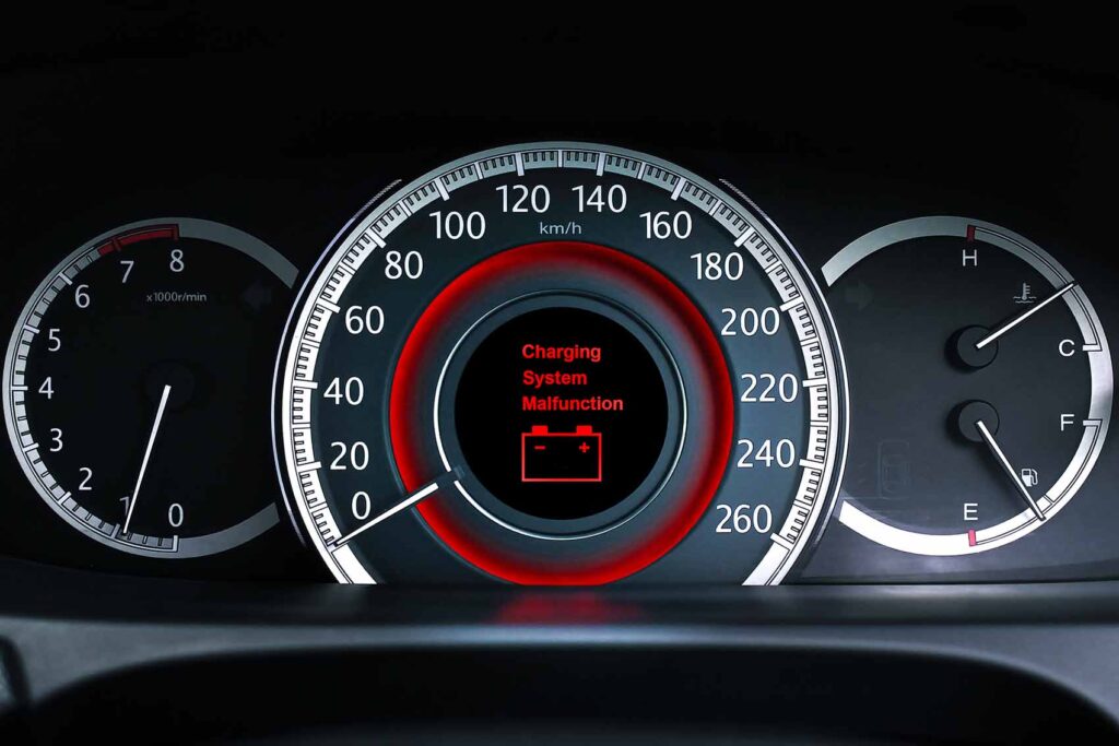 tableau de bord automobile montrant un problème de batterie ou alternateur défectueux
